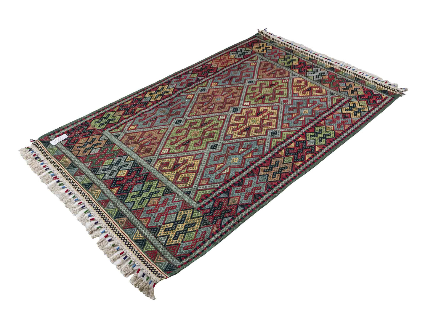 Handgefertigter Kelim Afghan Teppich aus Wolle von Khademi. Größe 198 x 120 cm. Farbe: Grün, rot, blau. Verkauf durch JUPITER Intl.