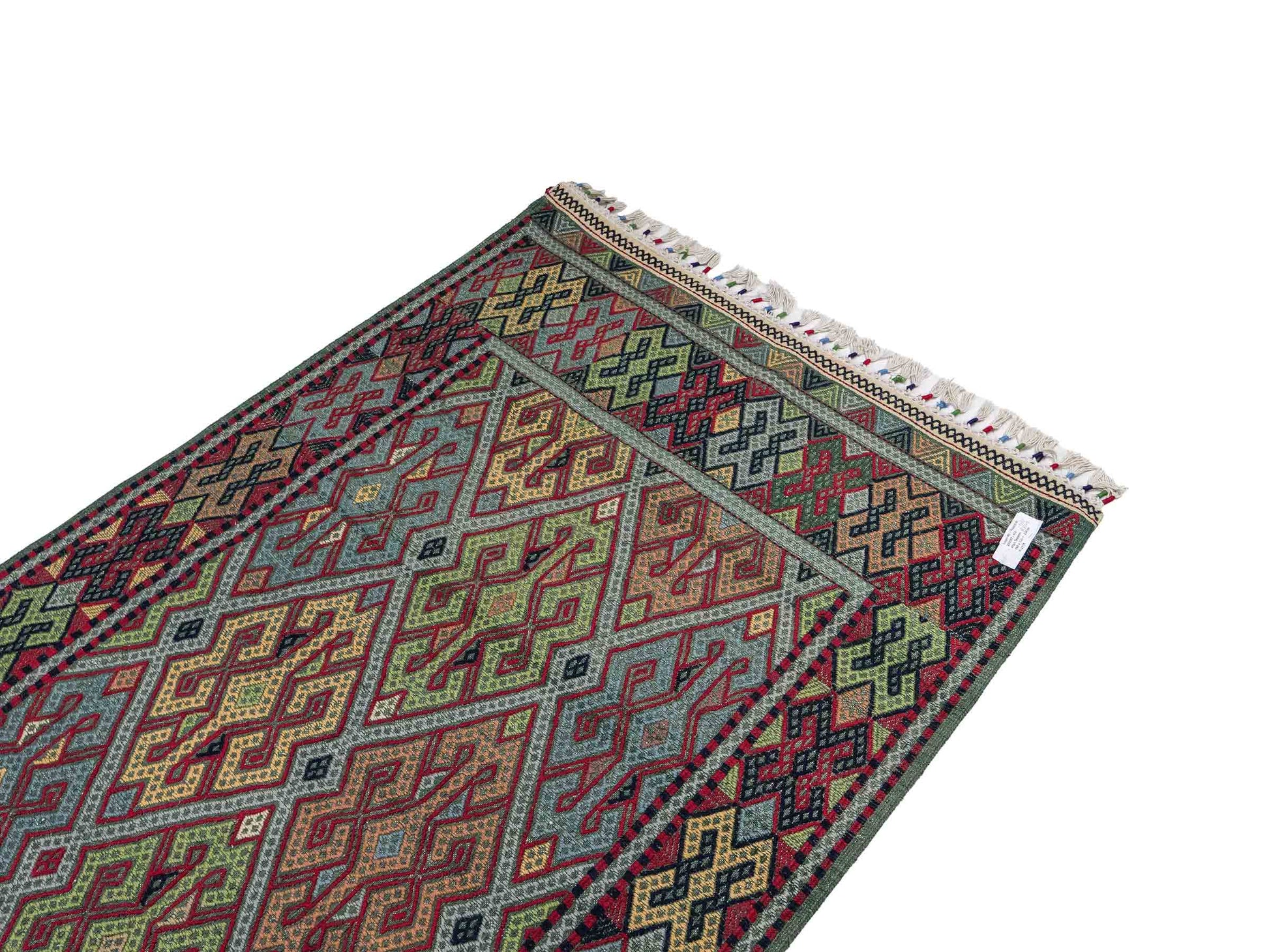 Handgefertigter Kelim Afghan Teppich aus Wolle von Khademi. Größe 198 x 120 cm. Farbe: Grün, rot, blau. Verkauf durch JUPITER Intl.