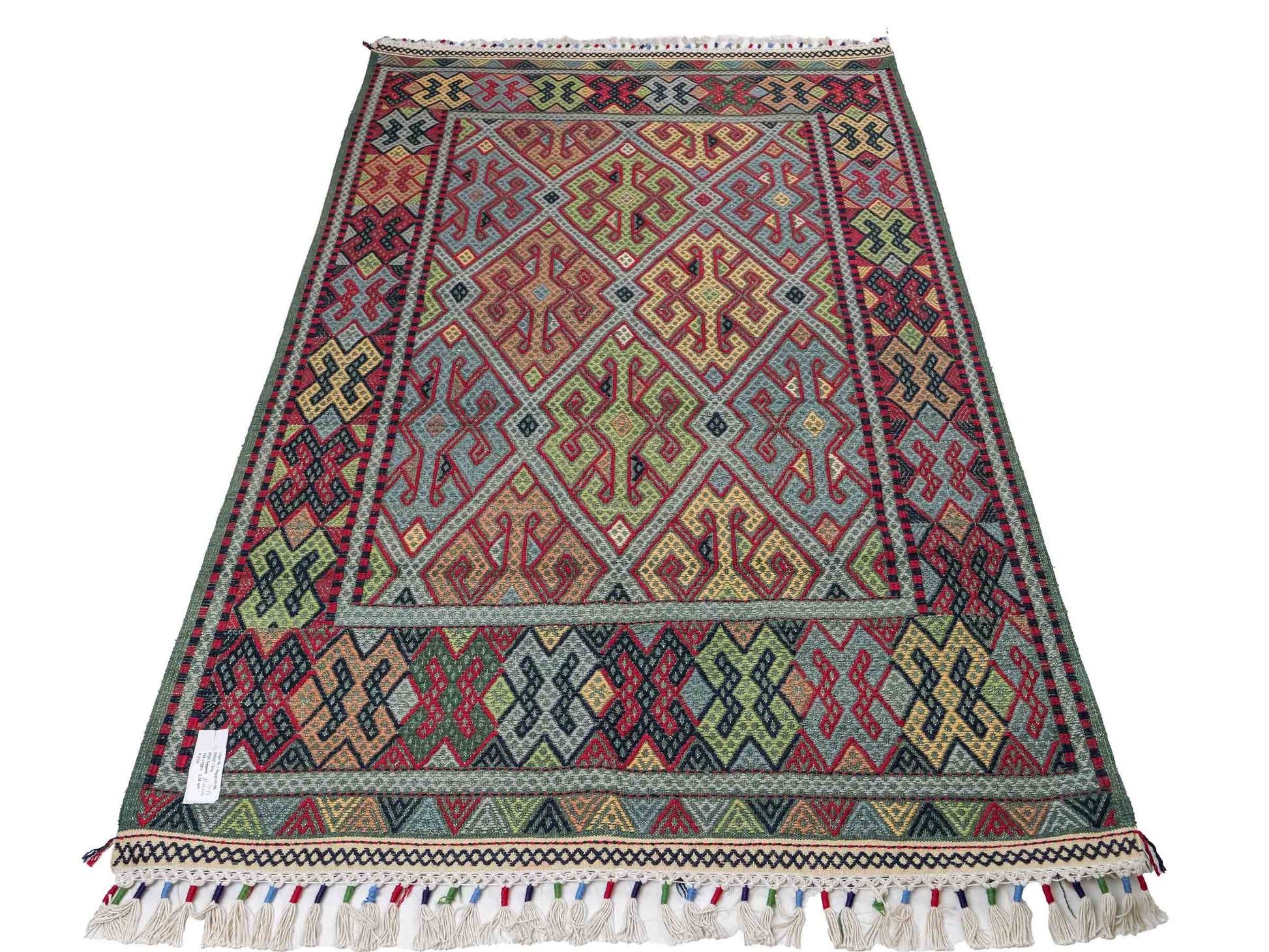 Handgefertigter Kelim Afghan Teppich aus Wolle von Khademi. Größe 198 x 120 cm. Farbe: Grün, rot, blau. Verkauf durch JUPITER Intl.