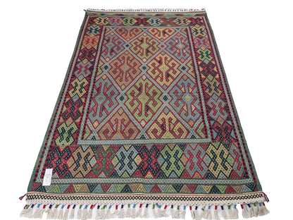 Handgefertigter Kelim Afghan Teppich aus Wolle von Khademi. Größe 198 x 120 cm. Farbe: Grün, rot, blau. Verkauf durch JUPITER Intl.