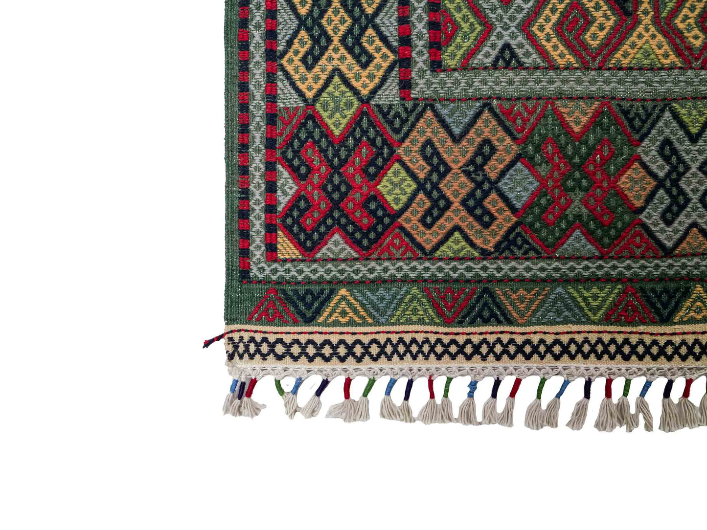Handgefertigter Kelim Afghan Teppich aus Wolle von Khademi. Größe 198 x 120 cm. Farbe: Grün, rot, blau. Verkauf durch JUPITER Intl.