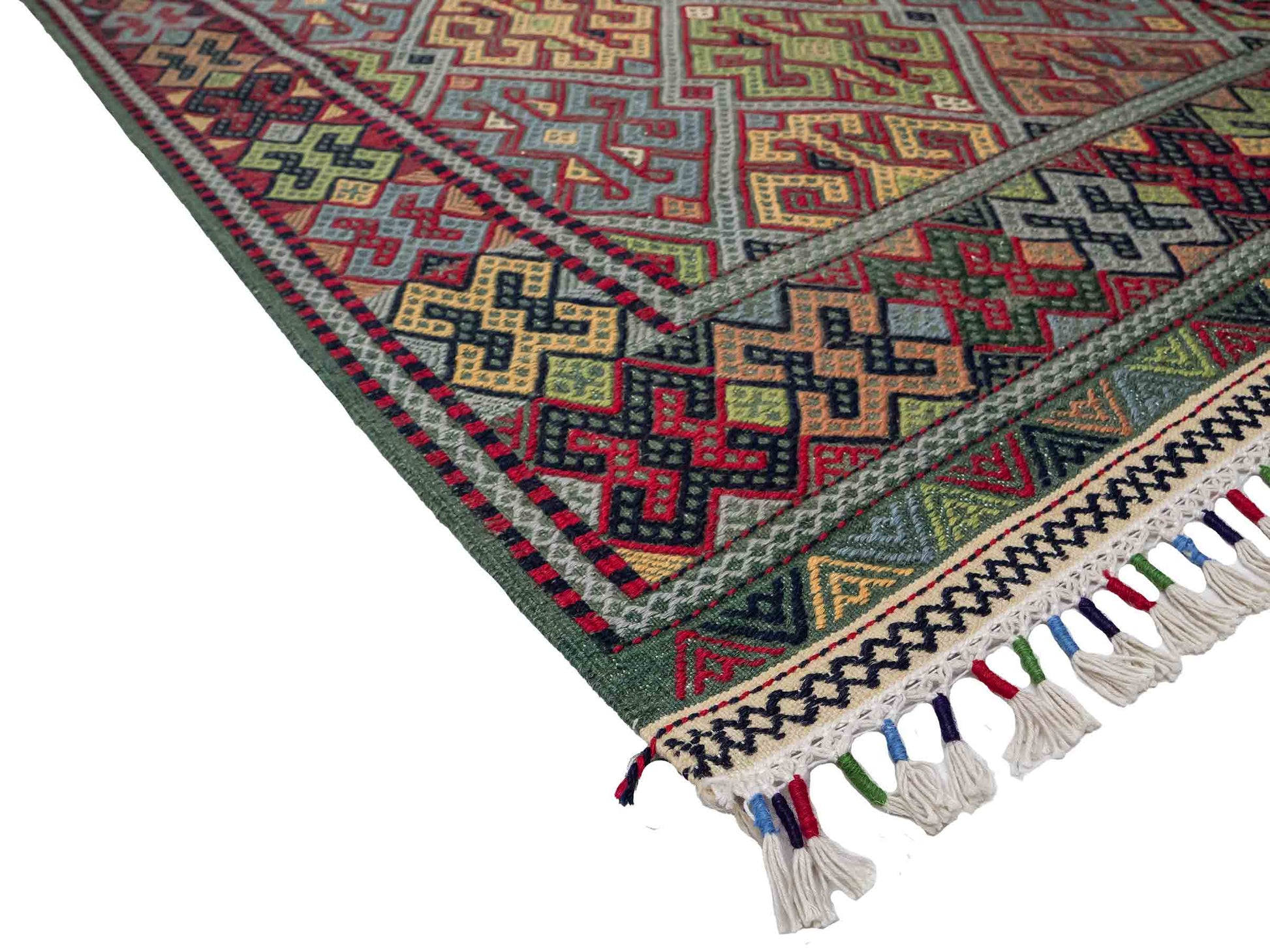Handgefertigter Kelim Afghan Teppich aus Wolle von Khademi. Größe 198 x 120 cm. Farbe: Grün, rot, blau. Verkauf durch JUPITER Intl.