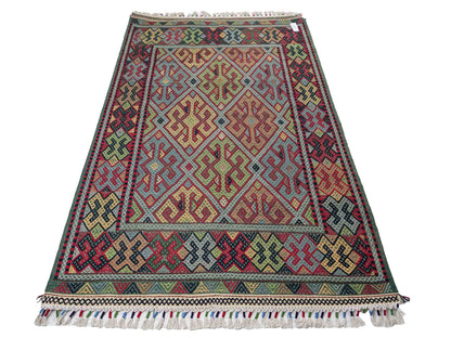 Handgewebter Kelim Afghan Teppich aus Wolle von Khademi. Größe 198 x 120 cm. Farbe: Grün, rot, blau. Verkauf durch JUPITER Intl.