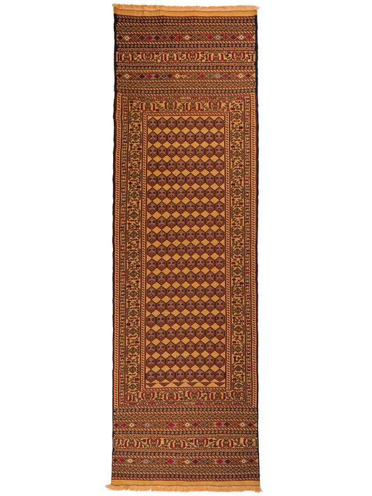 Handgefertigter Kelim Afghan Teppich aus Wolle von Khademi. Größe 279 x 84 cm. Farbe: Beige, gold, blau, rot. Verkauf durch JUPITER Intl.