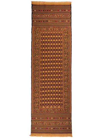 Handgewebter Kelim Afghan Teppich aus Wolle von Khademi. Größe 279 x 84 cm. Farbe: Beige, gold, blau, rot. Verkauf durch JUPITER Intl.