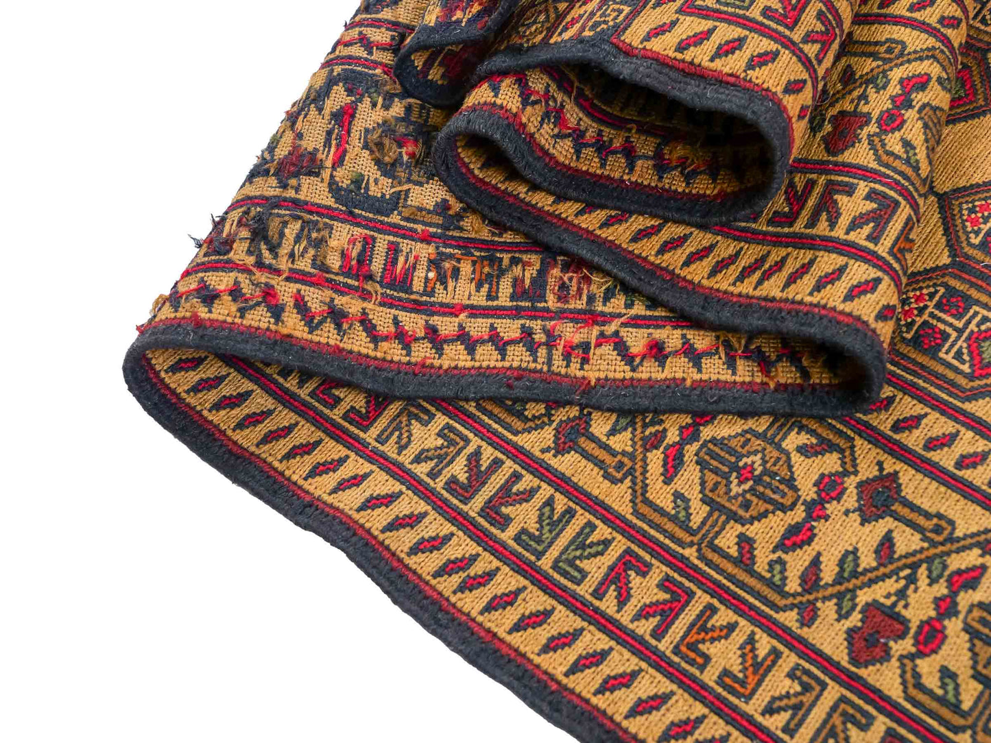 Handgewebter Kelim Afghan Teppich aus Wolle von Khademi. Größe 279 x 84 cm. Farbe: Beige, gold, blau, rot. Verkauf durch JUPITER Intl.