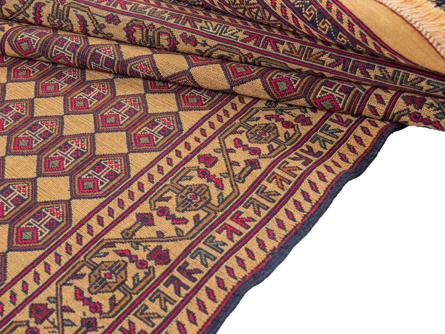 Handgewebter Kelim Afghan Teppich aus Wolle von Khademi. Größe 279 x 84 cm. Farbe: Beige, gold, blau, rot. Verkauf durch JUPITER Intl.