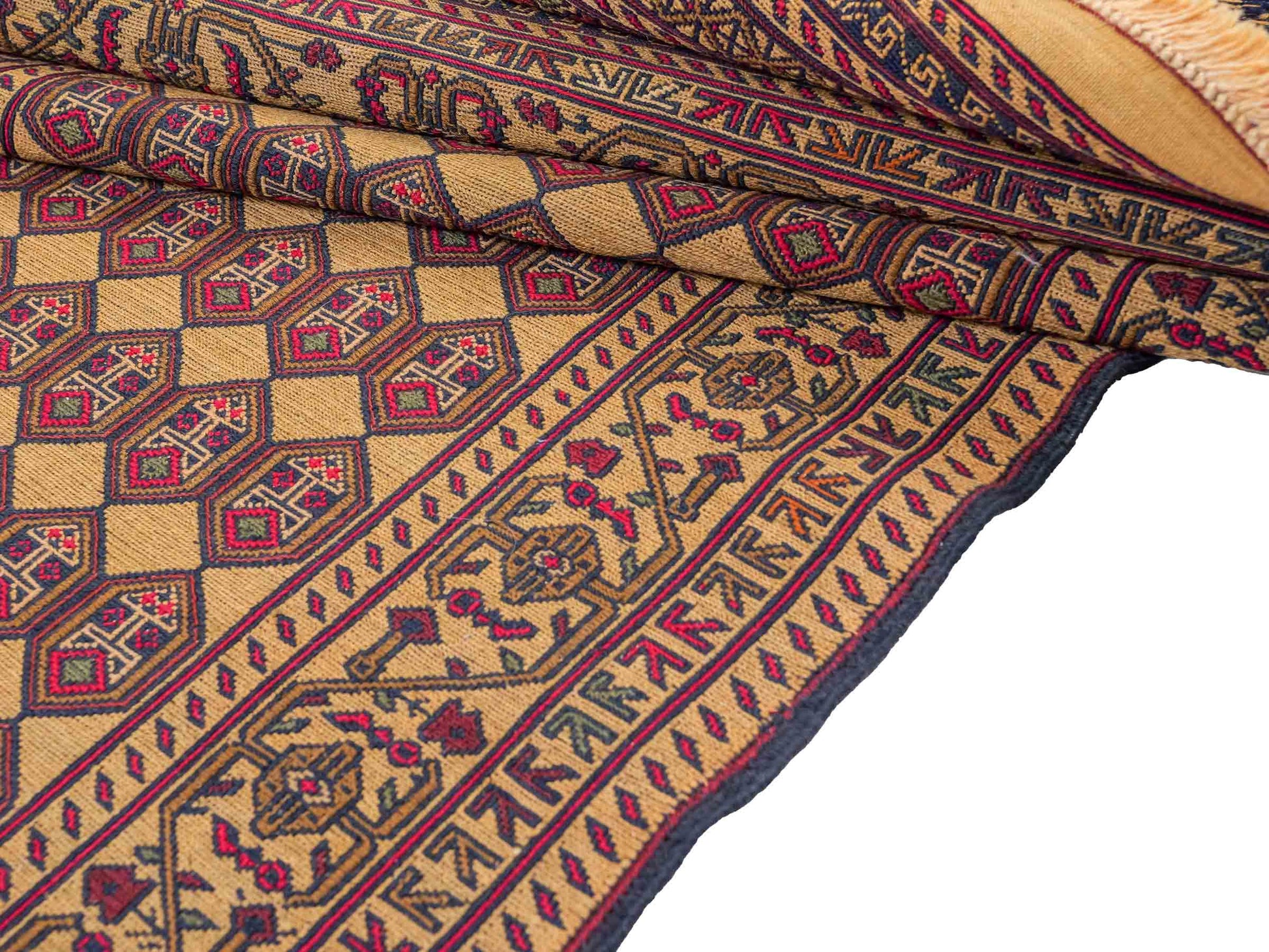 Handgewebter Kelim Afghan Teppich aus Wolle von Khademi. Größe 279 x 84 cm. Farbe: Beige, gold, blau, rot. Verkauf durch JUPITER Intl.