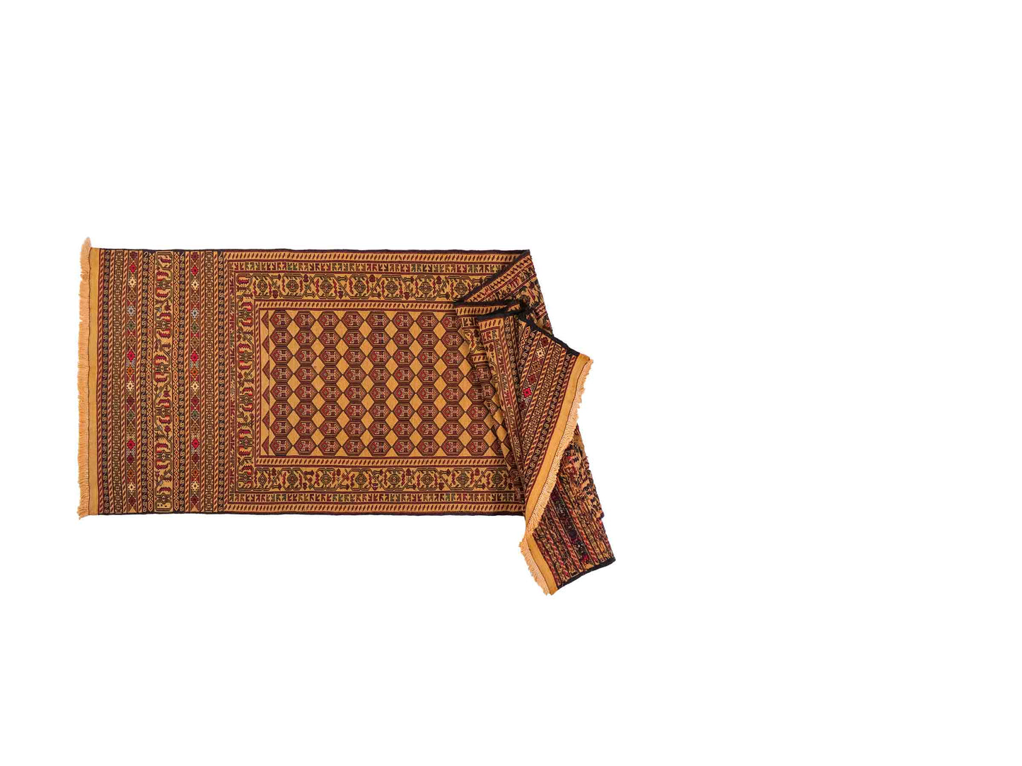 Handgewebter Kelim Afghan Teppich aus Wolle von Khademi. Größe 279 x 84 cm. Farbe: Beige, gold, blau, rot. Verkauf durch JUPITER Intl.