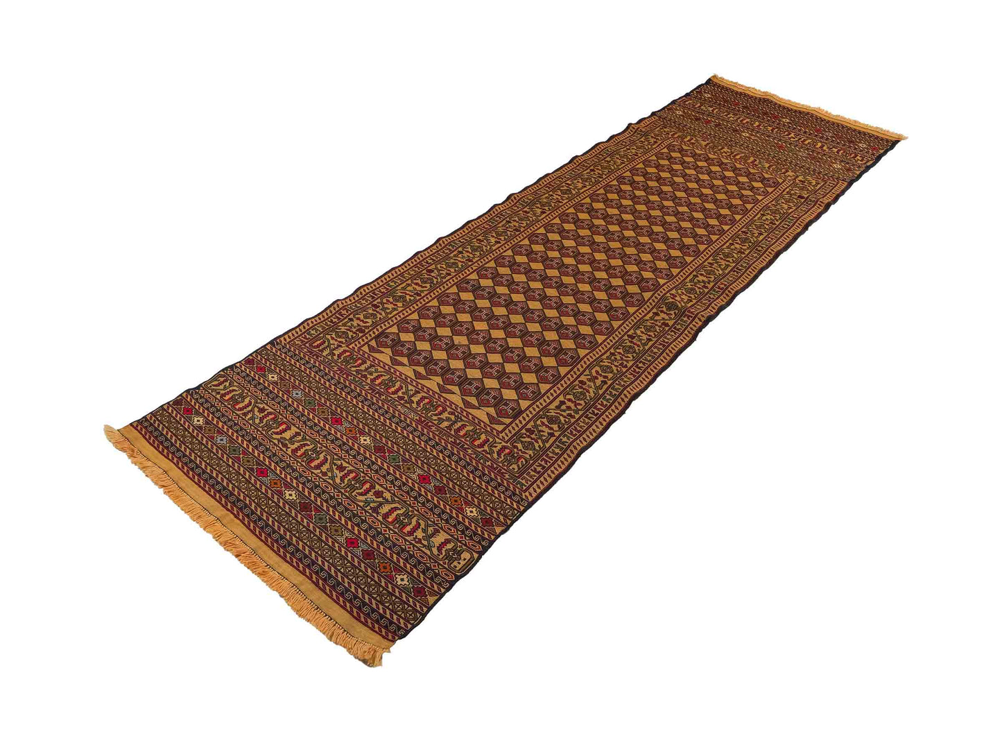 Handgewebter Kelim Afghan Teppich aus Wolle von Khademi. Größe 279 x 84 cm. Farbe: Beige, gold, blau, rot. Verkauf durch JUPITER Intl.