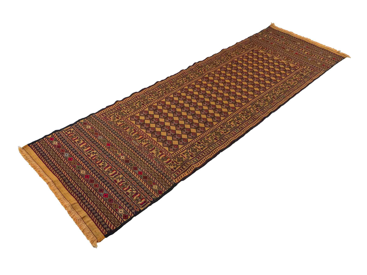Handgewebter Kelim Afghan Teppich aus Wolle von Khademi. Größe 279 x 84 cm. Farbe: Beige, gold, blau, rot. Verkauf durch JUPITER Intl.
