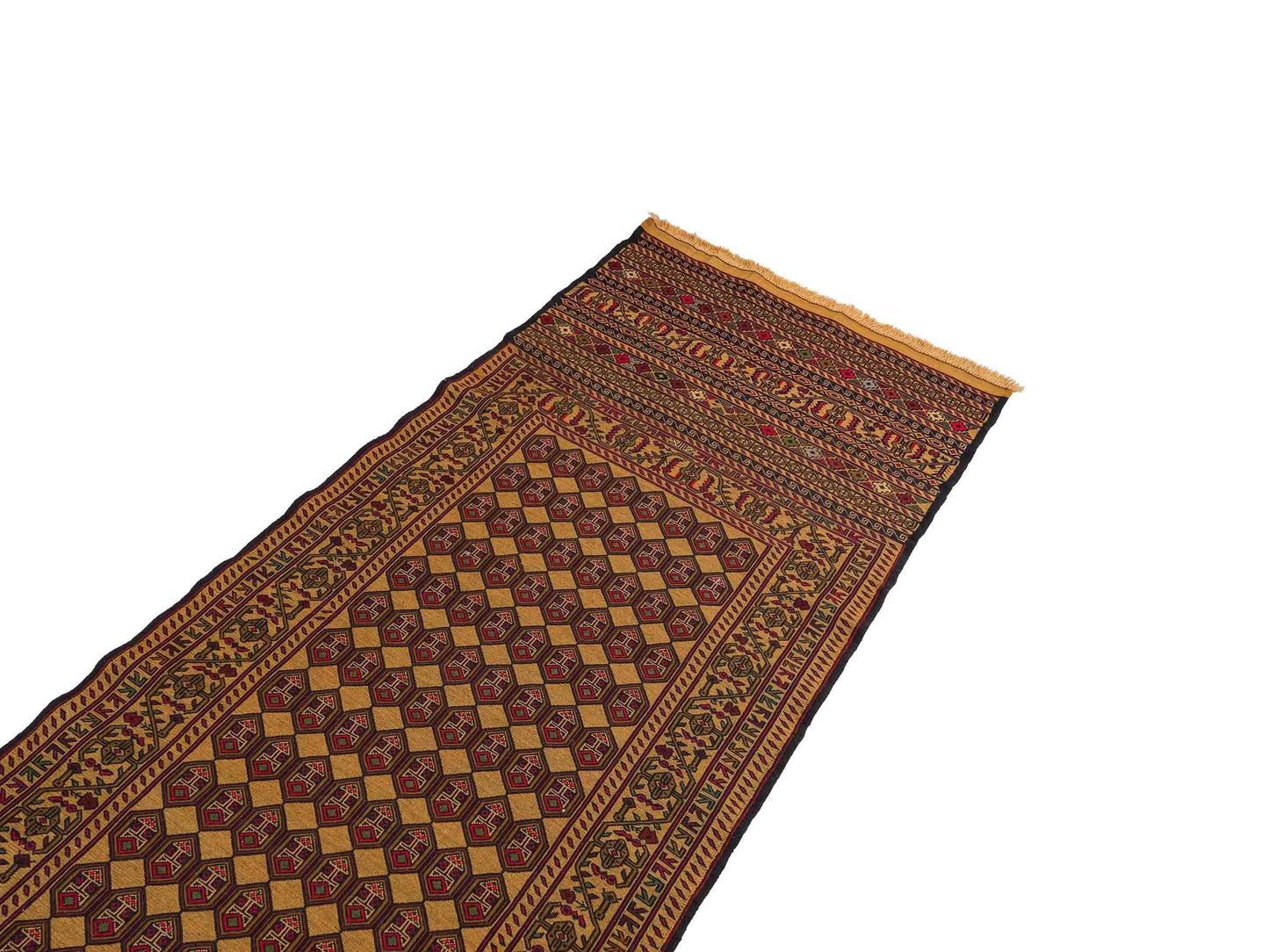 Handgewebter Kelim Afghan Teppich aus Wolle von Khademi. Größe 279 x 84 cm. Farbe: Beige, gold, blau, rot. Verkauf durch JUPITER Intl.