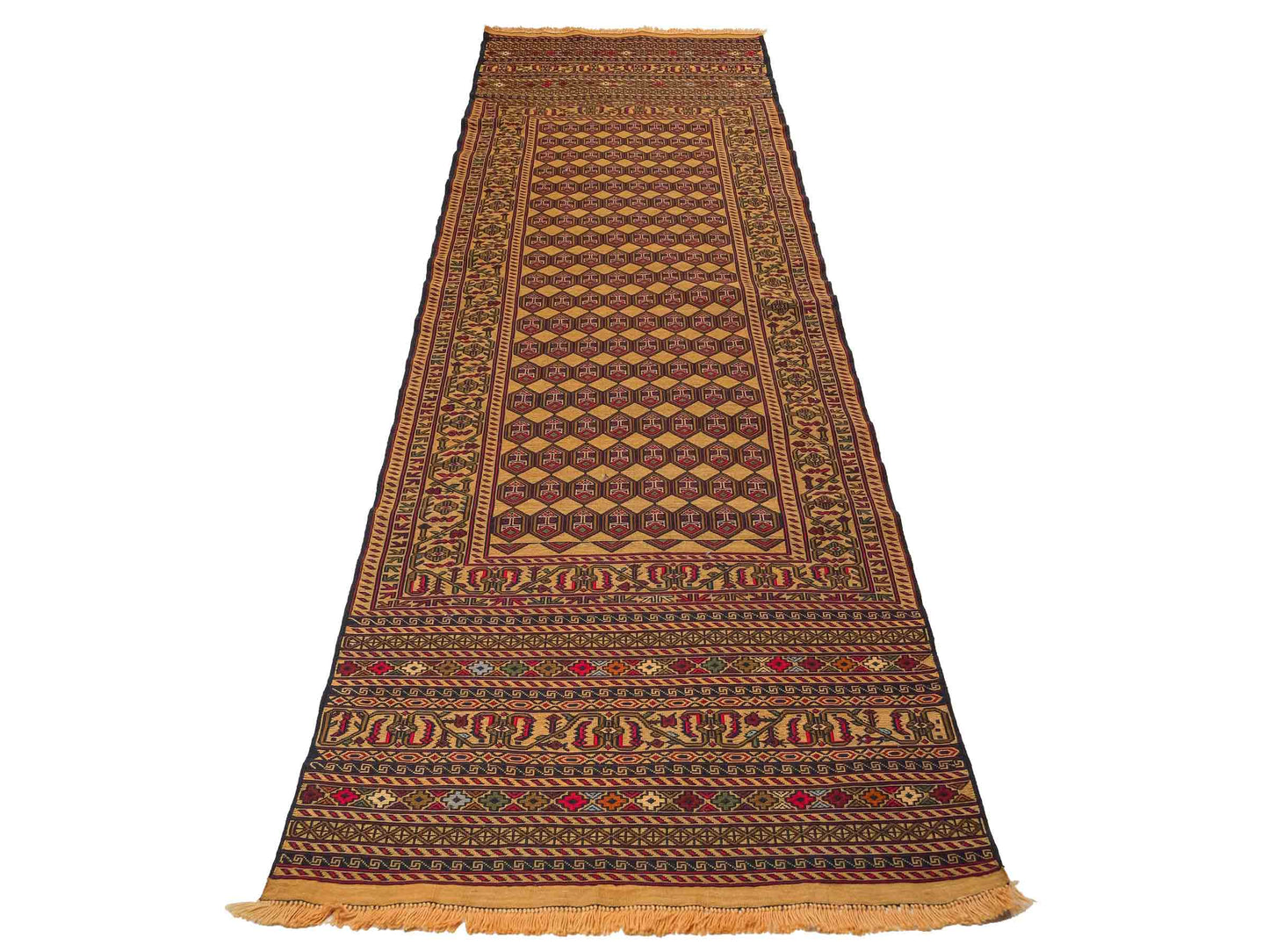 Handgewebter Kelim Afghan Teppich aus Wolle von Khademi. Größe 279 x 84 cm. Farbe: Beige, gold, blau, rot. Verkauf durch JUPITER Intl.