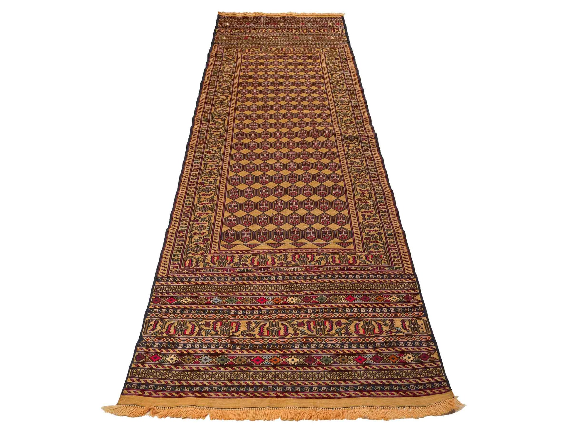 Handgewebter Kelim Afghan Teppich aus Wolle von Khademi. Größe 279 x 84 cm. Farbe: Beige, gold, blau, rot. Verkauf durch JUPITER Intl.
