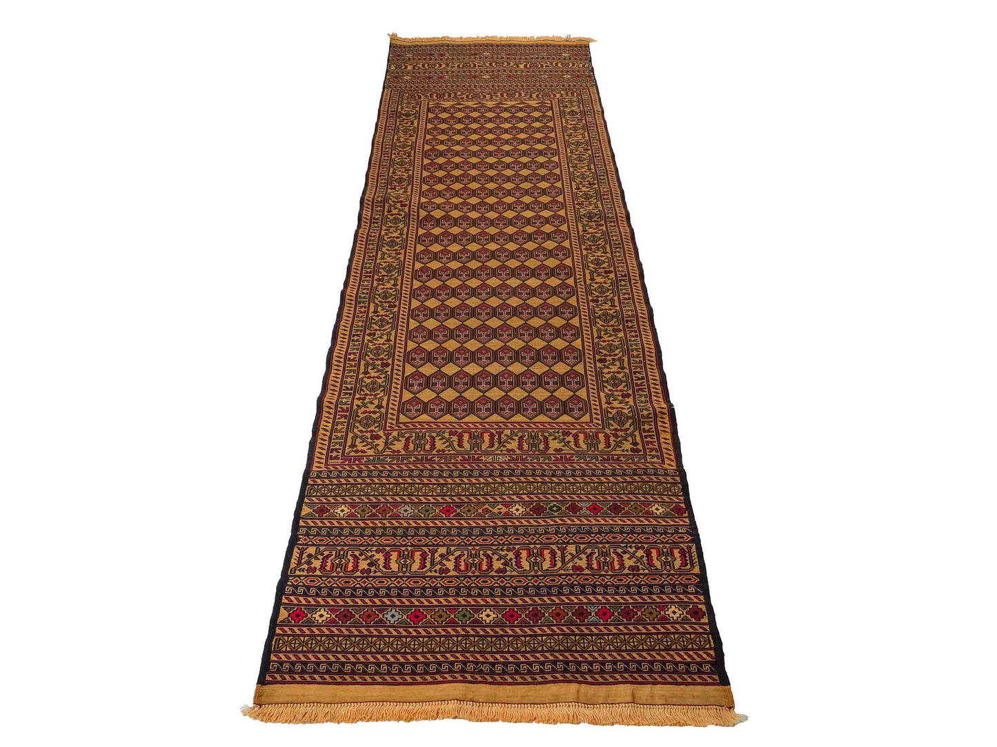 Handgewebter Kelim Afghan Teppich aus Wolle von Khademi. Größe 279 x 84 cm. Farbe: Beige, gold, blau, rot. Verkauf durch JUPITER Intl.