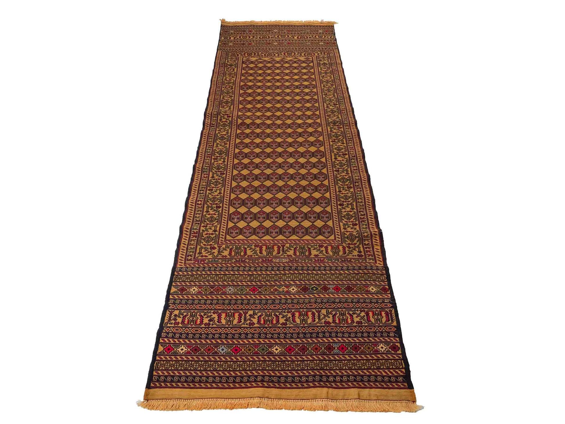 Handgewebter Kelim Afghan Teppich aus Wolle von Khademi. Größe 279 x 84 cm. Farbe: Beige, gold, blau, rot. Verkauf durch JUPITER Intl.