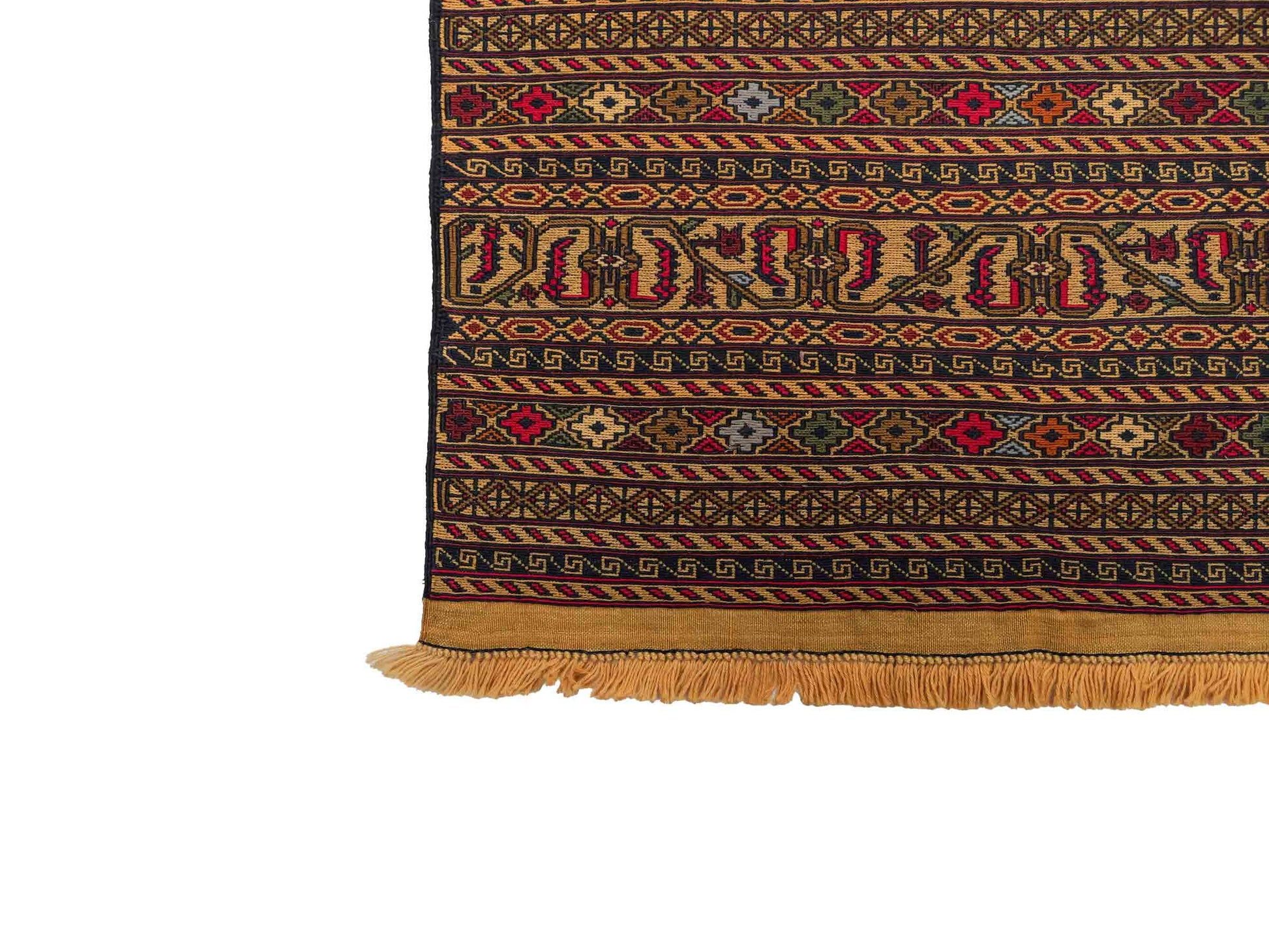 Handgewebter Kelim Afghan Teppich aus Wolle von Khademi. Größe 279 x 84 cm. Farbe: Beige, gold, blau, rot. Verkauf durch JUPITER Intl.