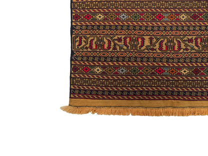 Handgewebter Kelim Afghan Teppich aus Wolle von Khademi. Größe 279 x 84 cm. Farbe: Beige, gold, blau, rot. Verkauf durch JUPITER Intl.