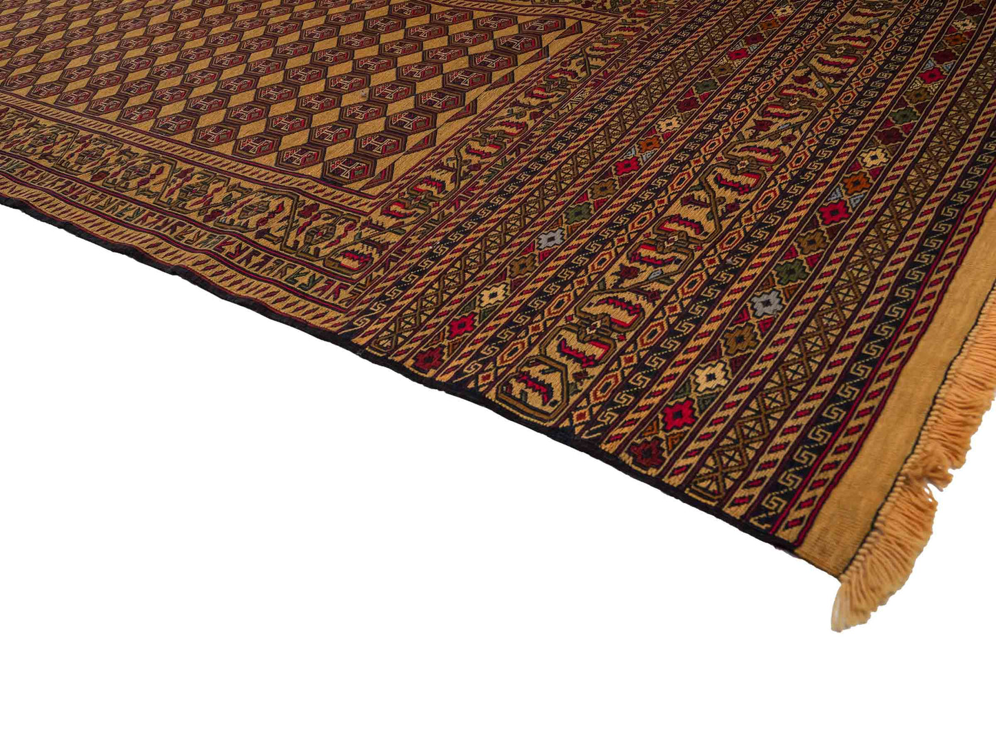 Handgewebter Kelim Afghan Teppich aus Wolle von Khademi. Größe 279 x 84 cm. Farbe: Beige, gold, blau, rot. Verkauf durch JUPITER Intl.