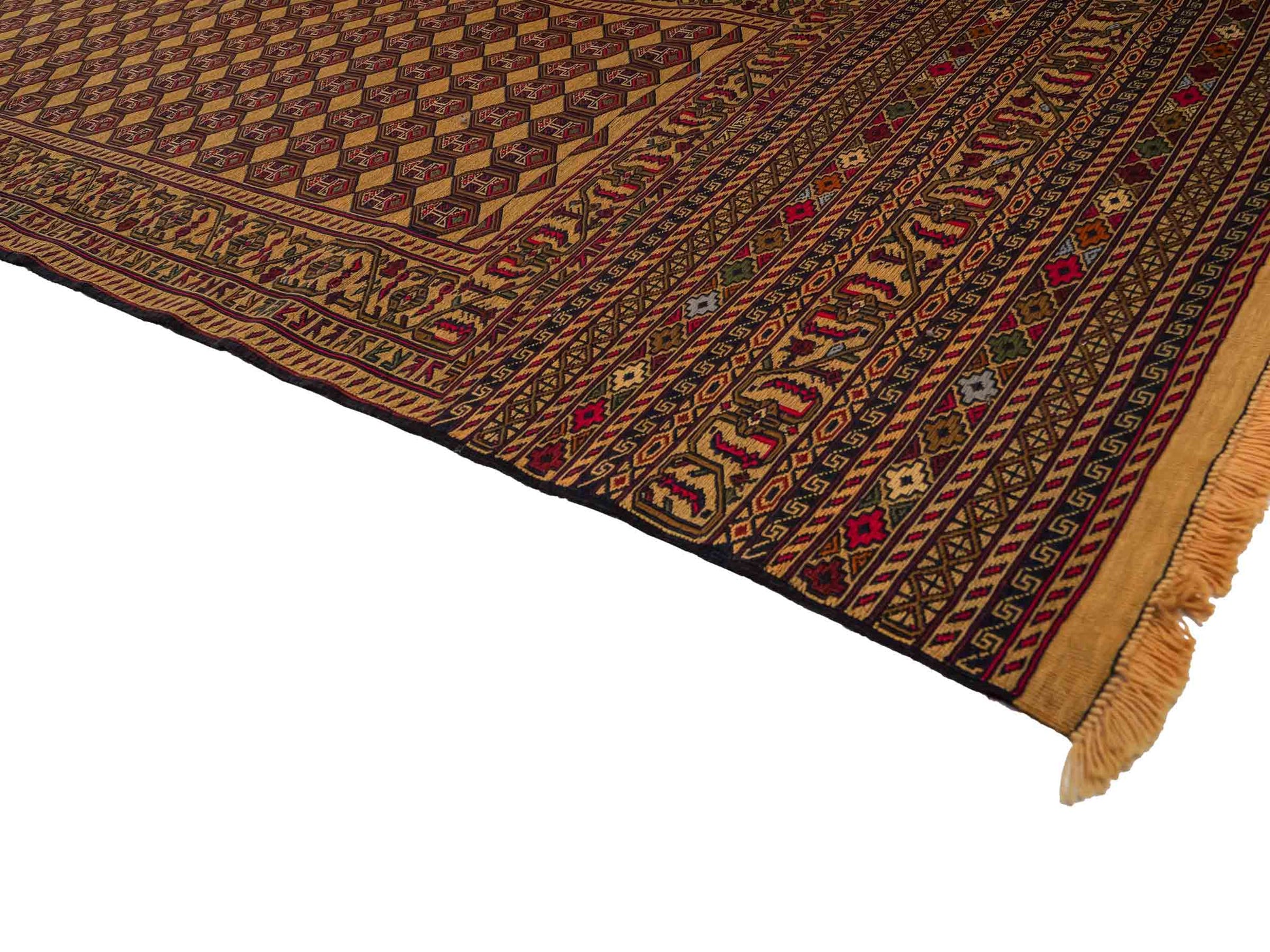 Handgewebter Kelim Afghan Teppich aus Wolle von Khademi. Größe 279 x 84 cm. Farbe: Beige, gold, blau, rot. Verkauf durch JUPITER Intl.