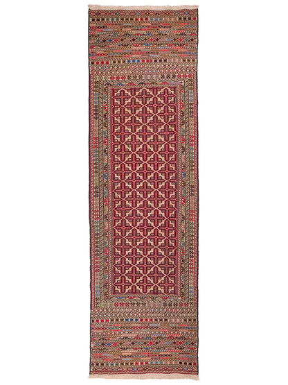 Handgefertigter Kelim Afghan Teppich aus Wolle von Khademi. Größe 280 x 87 cm. Farbe: Rot, beige. Verkauf durch JUPITER Intl.