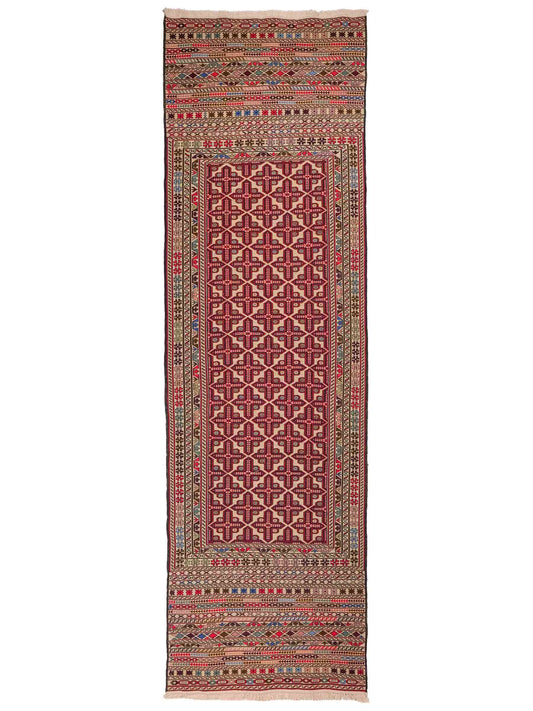 Handgefertigter Kelim Afghan Teppich aus Wolle von Khademi. Größe 280 x 87 cm. Farbe: Rot, beige. Verkauf durch JUPITER Intl.
