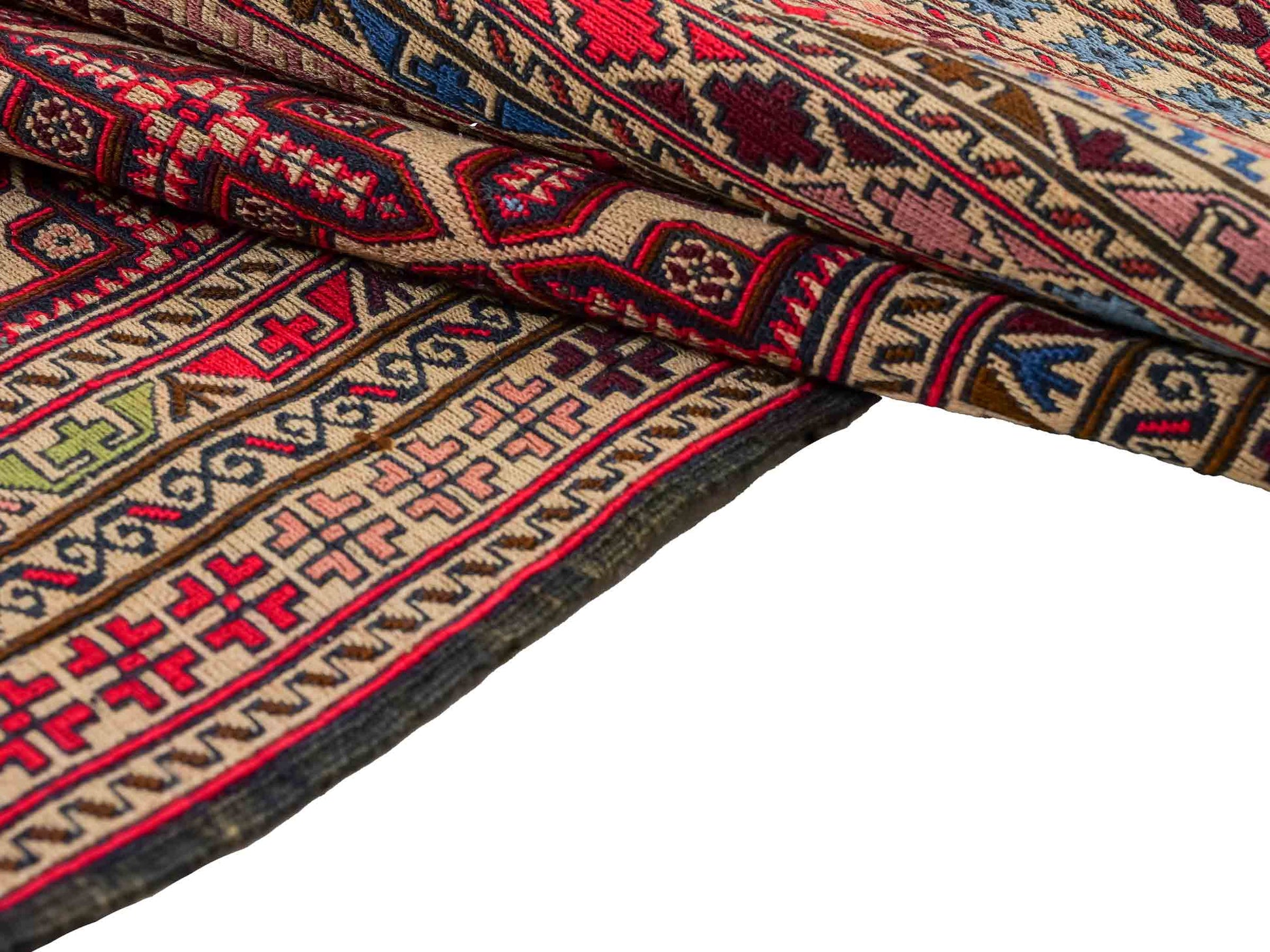 Handgefertigter Kelim Afghan Teppich aus Wolle von Khademi. Größe 280 x 87 cm. Farbe: Rot, beige. Verkauf durch JUPITER Intl.