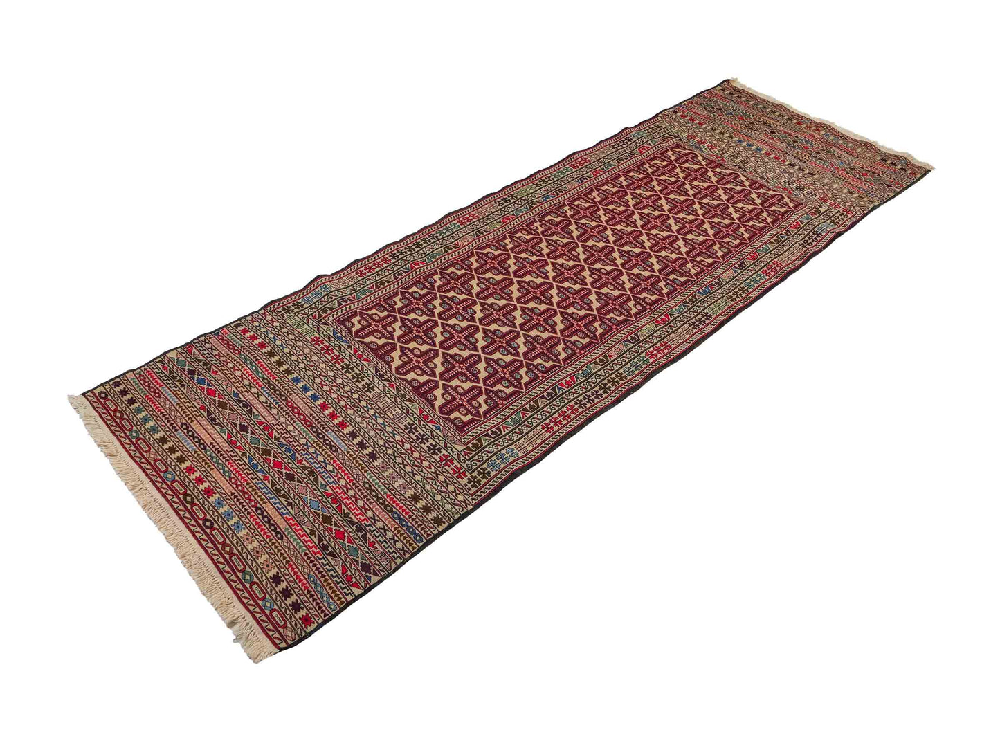 Handgefertigter Kelim Afghan Teppich aus Wolle von Khademi. Größe 280 x 87 cm. Farbe: Rot, beige. Verkauf durch JUPITER Intl.