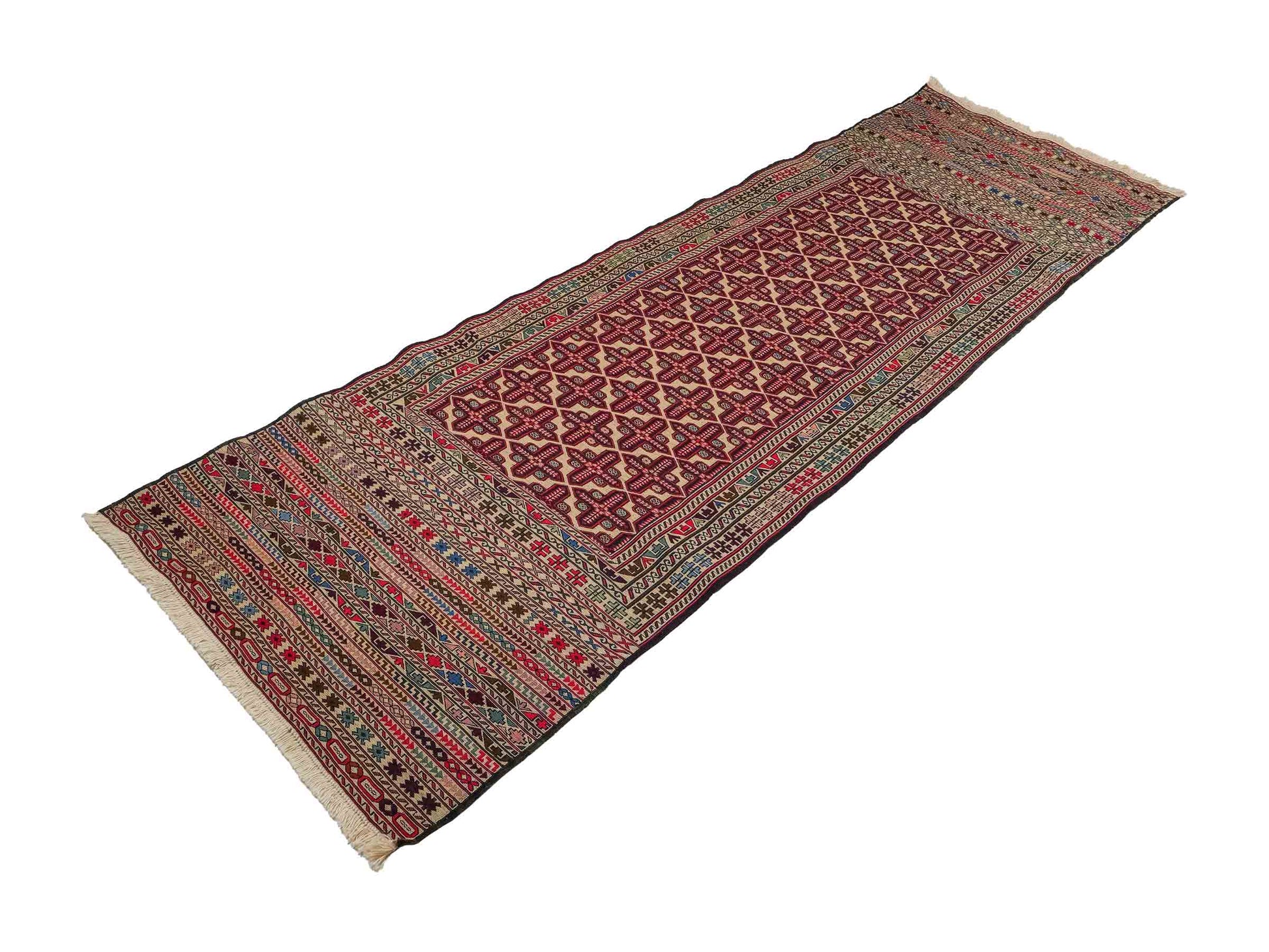 Handgefertigter Kelim Afghan Teppich aus Wolle von Khademi. Größe 280 x 87 cm. Farbe: Rot, beige. Verkauf durch JUPITER Intl.
