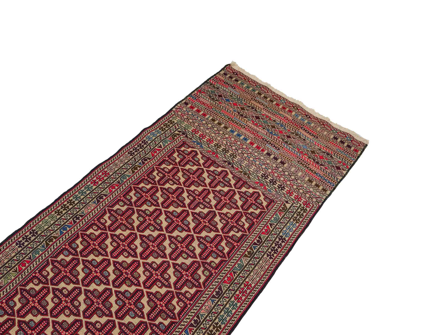Handgefertigter Kelim Afghan Teppich aus Wolle von Khademi. Größe 280 x 87 cm. Farbe: Rot, beige. Verkauf durch JUPITER Intl.