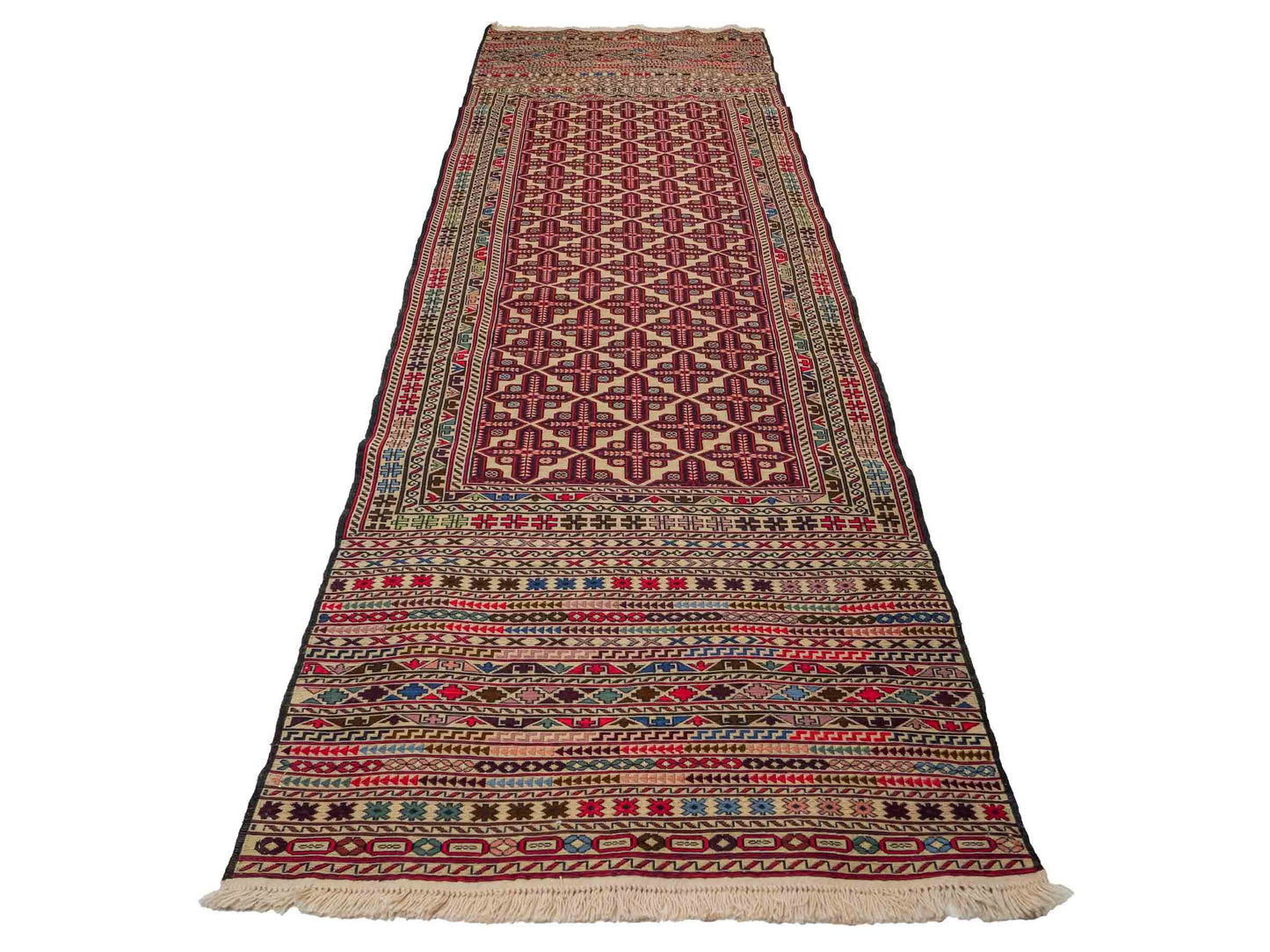 Handgefertigter Kelim Afghan Teppich aus Wolle von Khademi. Größe 280 x 87 cm. Farbe: Rot, beige. Verkauf durch JUPITER Intl.