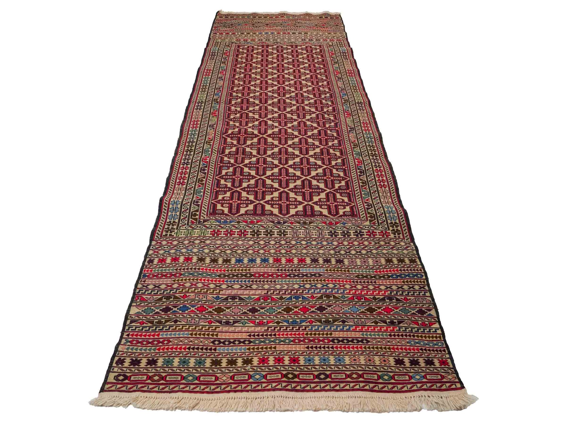 Handgefertigter Kelim Afghan Teppich aus Wolle von Khademi. Größe 280 x 87 cm. Farbe: Rot, beige. Verkauf durch JUPITER Intl.