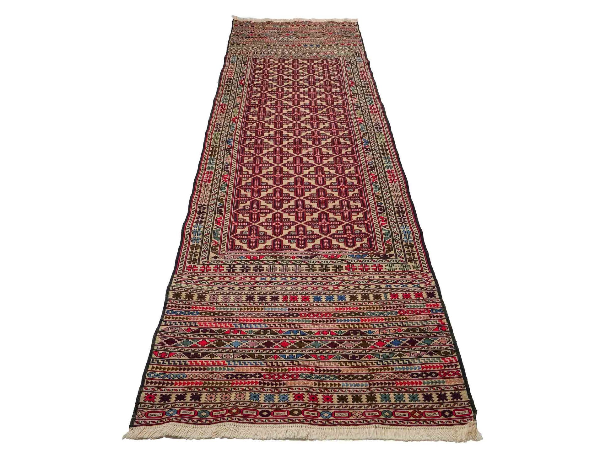 Handgefertigter Kelim Afghan Teppich aus Wolle von Khademi. Größe 280 x 87 cm. Farbe: Rot, beige. Verkauf durch JUPITER Intl.
