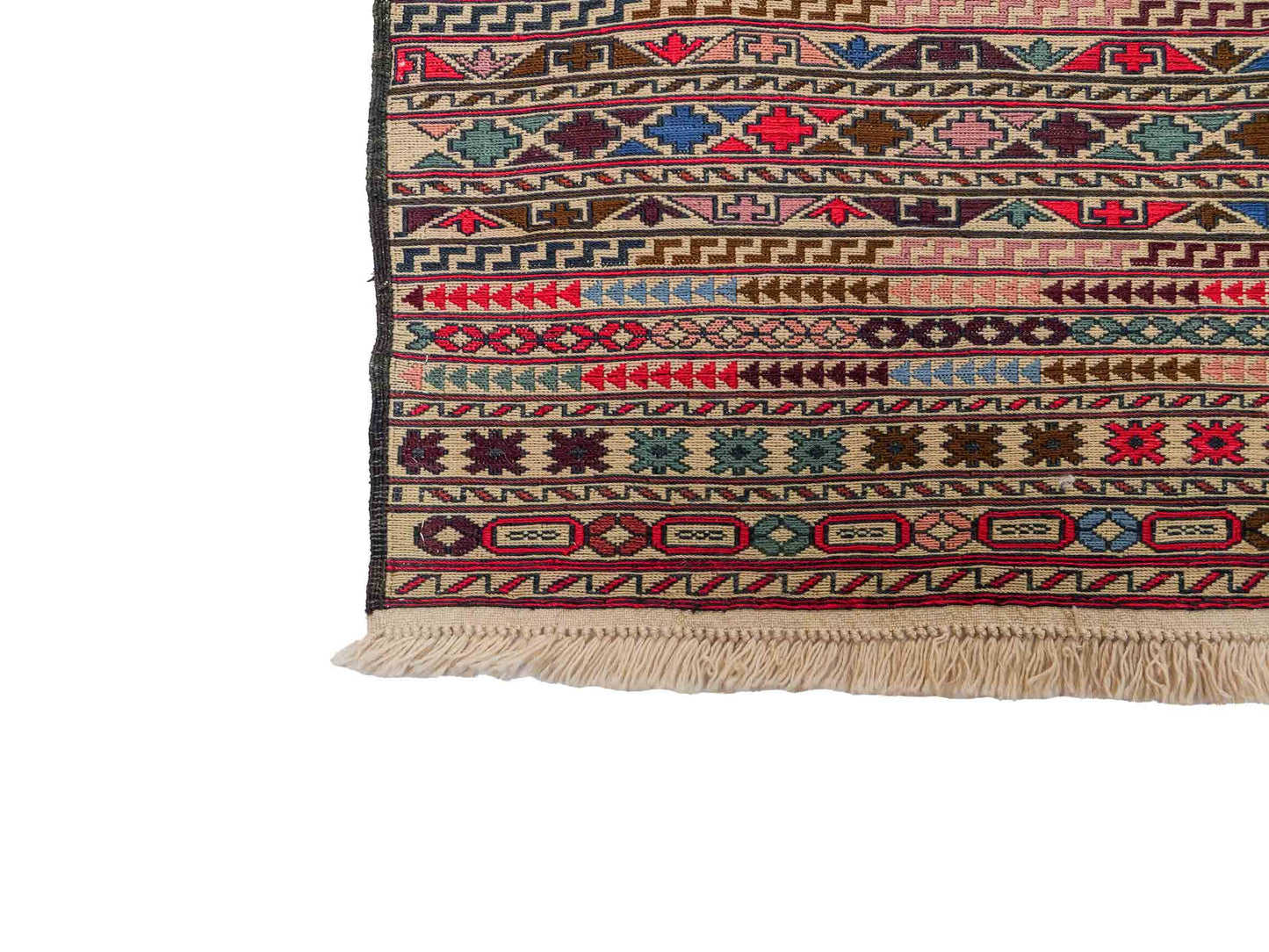 Handgefertigter Kelim Afghan Teppich aus Wolle von Khademi. Größe 280 x 87 cm. Farbe: Rot, beige. Verkauf durch JUPITER Intl.
