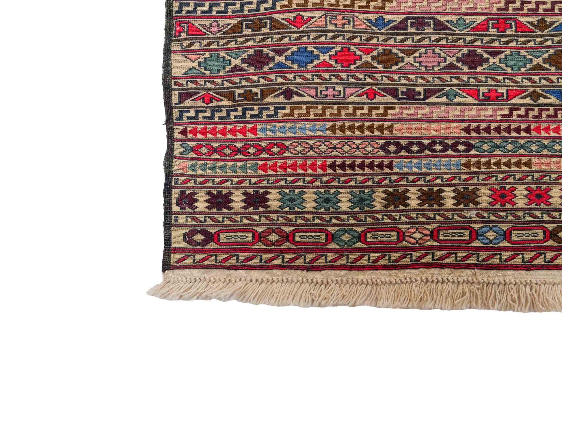 Handgefertigter Kelim Afghan Teppich aus Wolle von Khademi. Größe 280 x 87 cm. Farbe: Rot, beige. Verkauf durch JUPITER Intl.