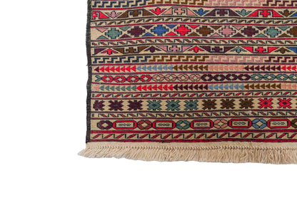 Handgefertigter Kelim Afghan Teppich aus Wolle von Khademi. Größe 280 x 87 cm. Farbe: Rot, beige. Verkauf durch JUPITER Intl.