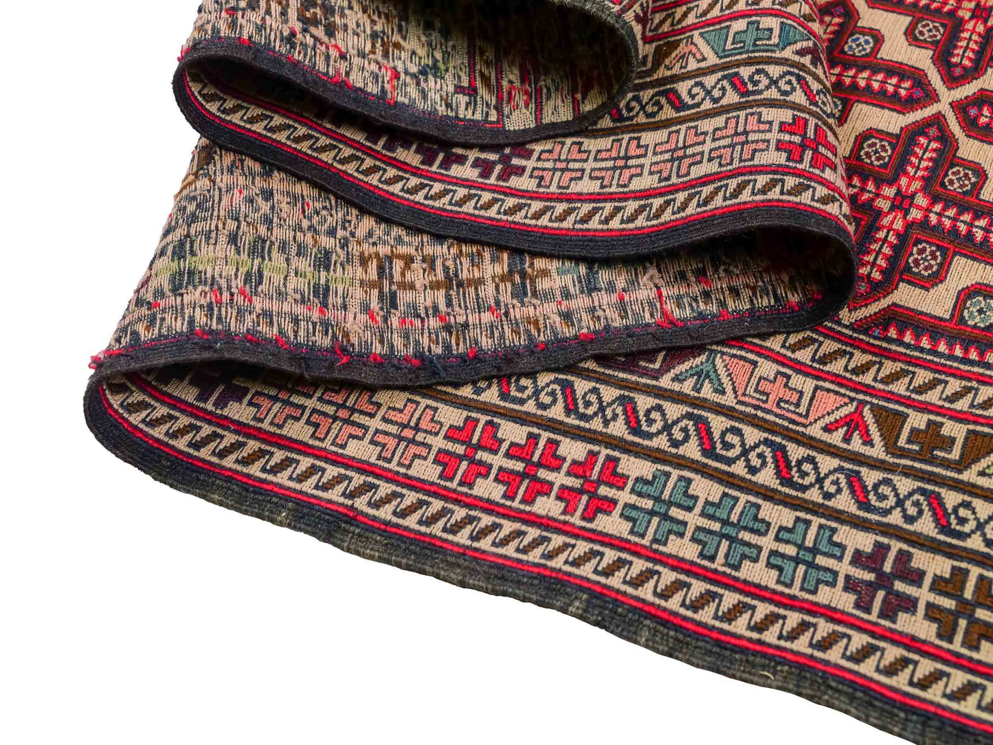 Handgefertigter Kelim Afghan Teppich aus Wolle von Khademi. Größe 280 x 87 cm. Farbe: Rot, beige. Verkauf durch JUPITER Intl.