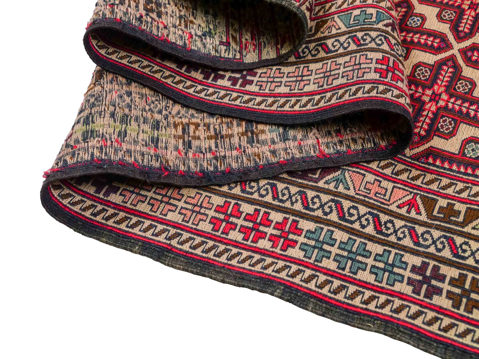 Handgefertigter Kelim Afghan Teppich aus Wolle von Khademi. Größe 280 x 87 cm. Farbe: Rot, beige. Verkauf durch JUPITER Intl.