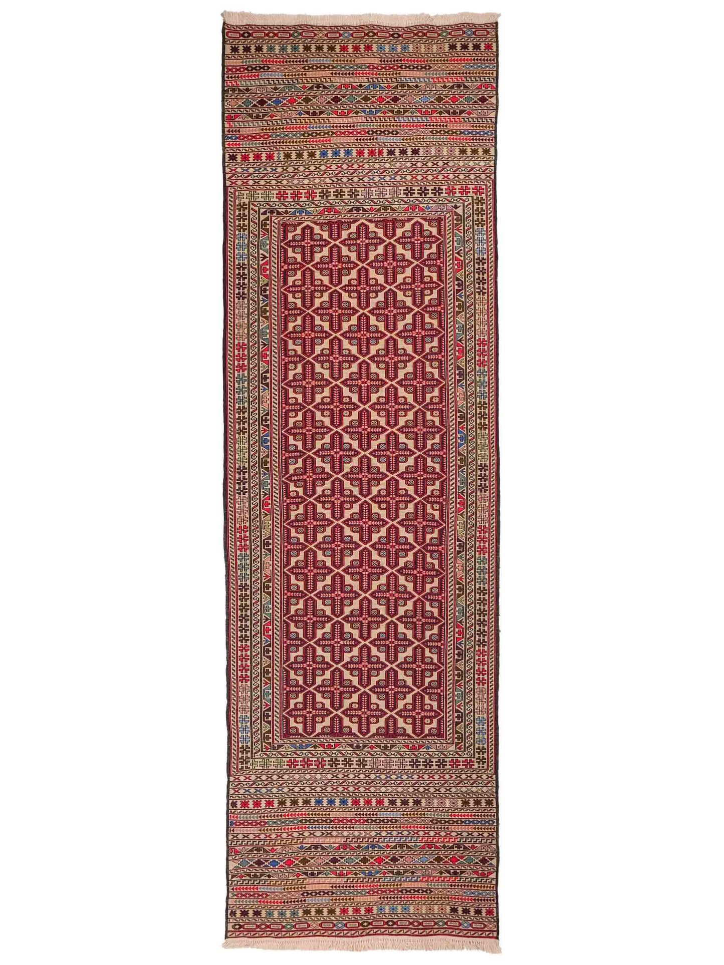 Handgewebter Kelim Afghan Teppich aus Wolle von Khademi. Größe 280 x 87 cm. Farbe: Rot, beige. Verkauf durch JUPITER Intl.