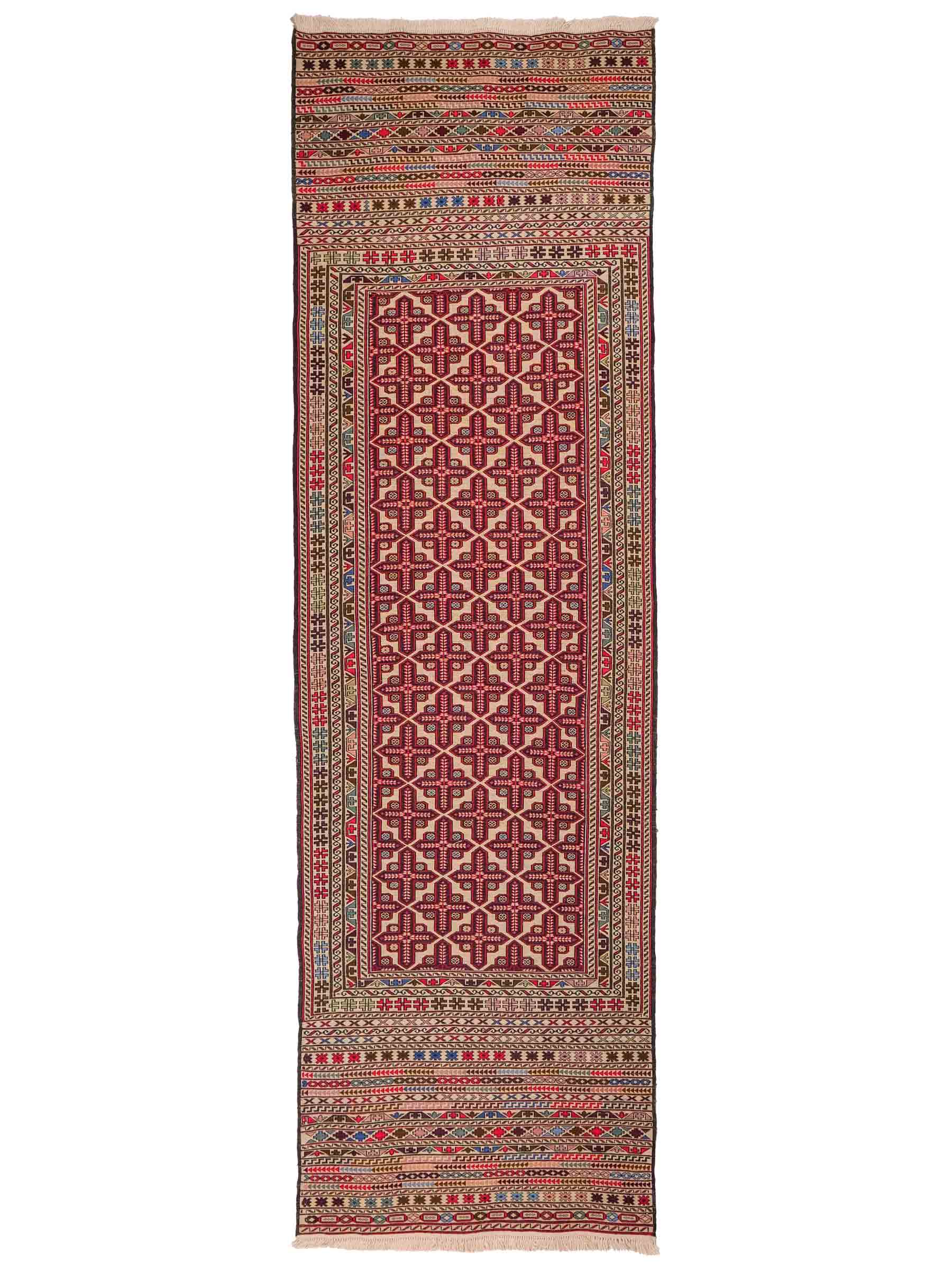 Handgewebter Kelim Afghan Teppich aus Wolle von Khademi. Größe 280 x 87 cm. Farbe: Rot, beige. Verkauf durch JUPITER Intl.