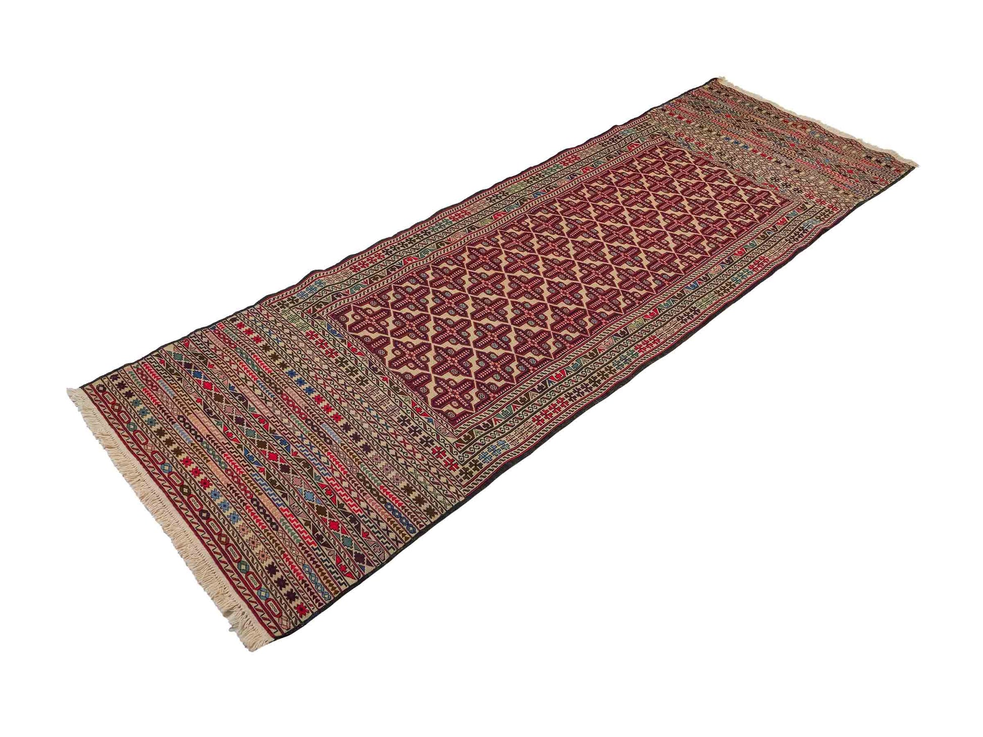 Handgewebter Kelim Afghan Teppich aus Wolle von Khademi. Größe 280 x 87 cm. Farbe: Rot, beige. Verkauf durch JUPITER Intl.