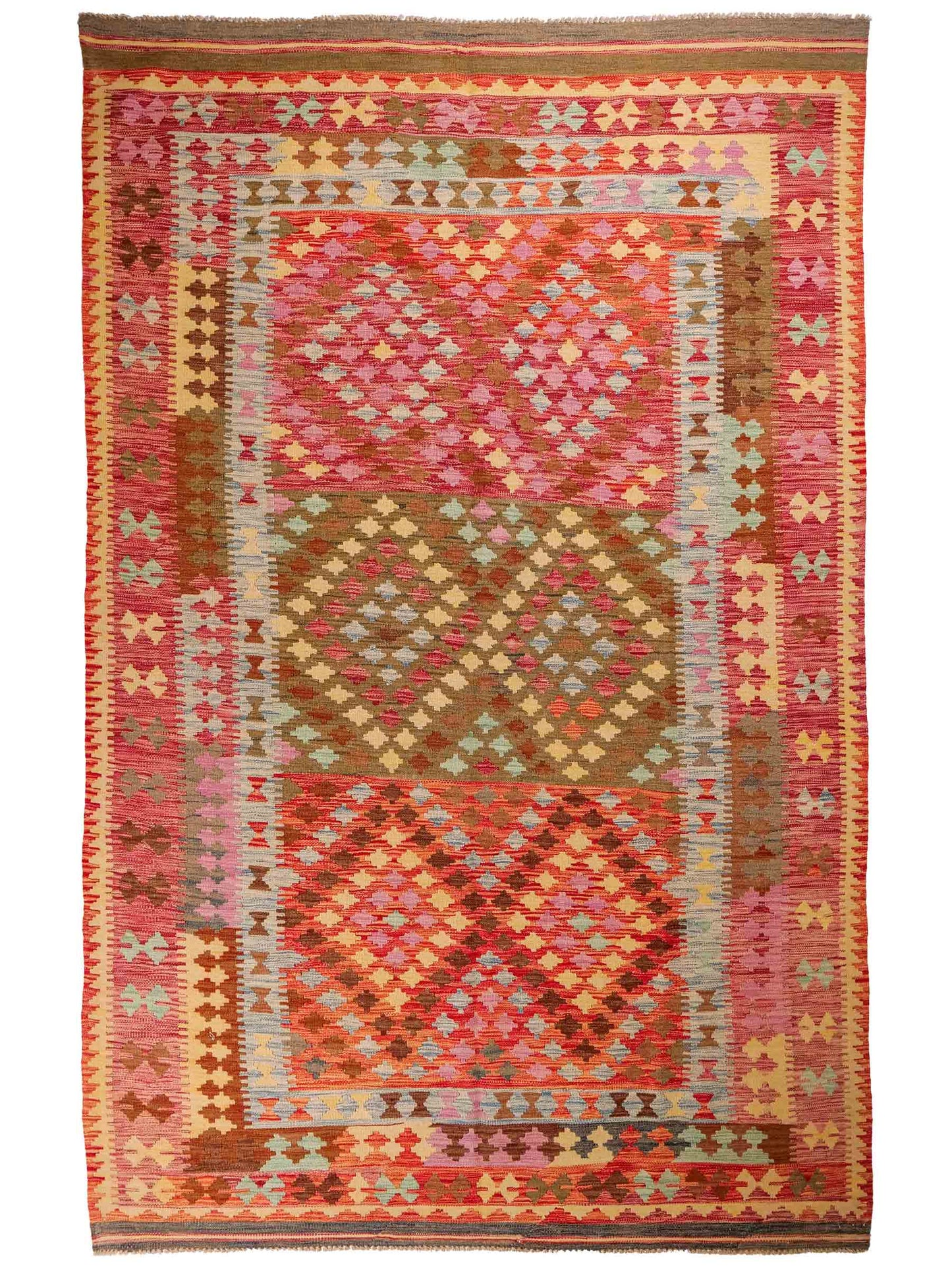 Handgefertigter Kelim Afghan Teppich aus Wolle von Khademi. Größe 296 x 190 cm. Farbe: Rosa, rot, grün. Verkauf durch JUPITER Intl.