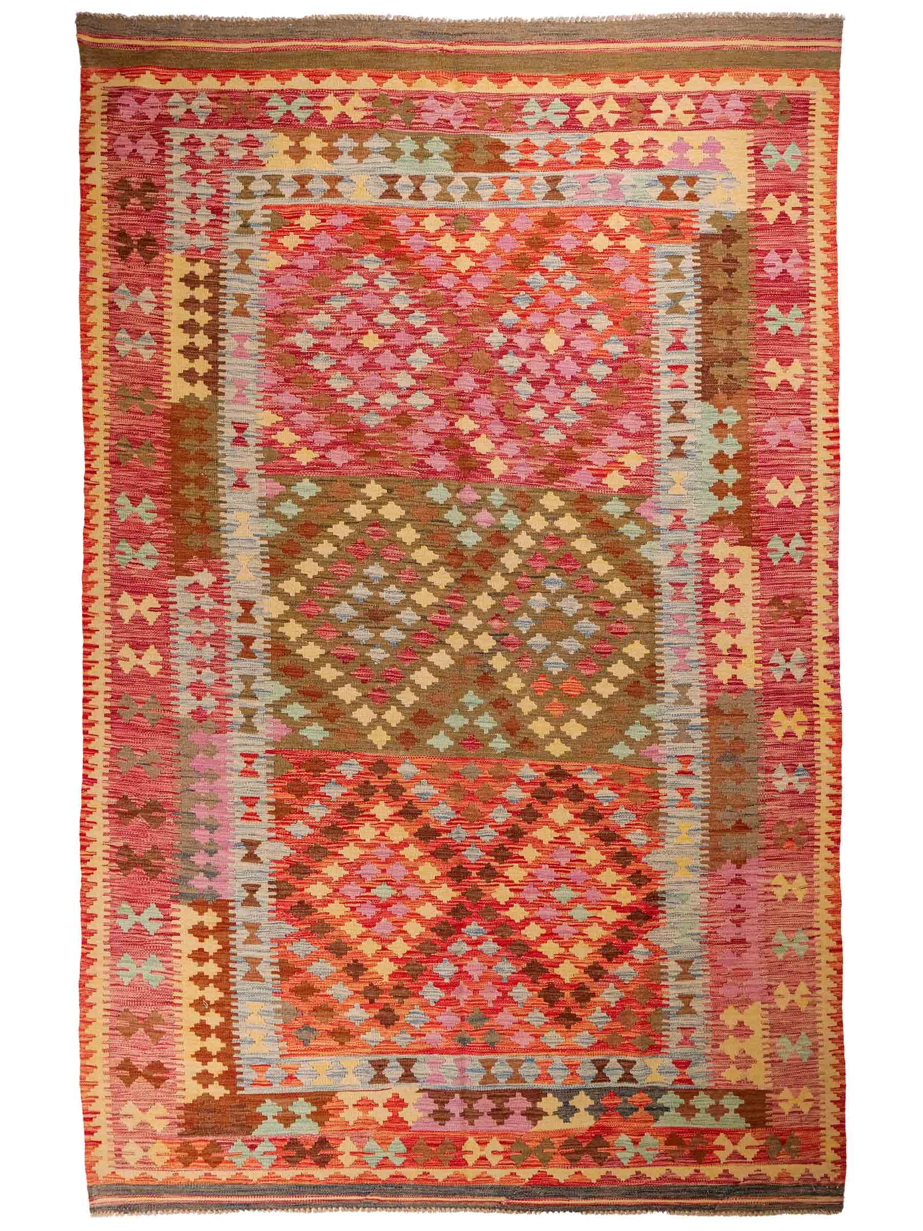 Handgefertigter Kelim Afghan Teppich aus Wolle von Khademi. Größe 296 x 190 cm. Farbe: Rosa, rot, grün. Verkauf durch JUPITER Intl.