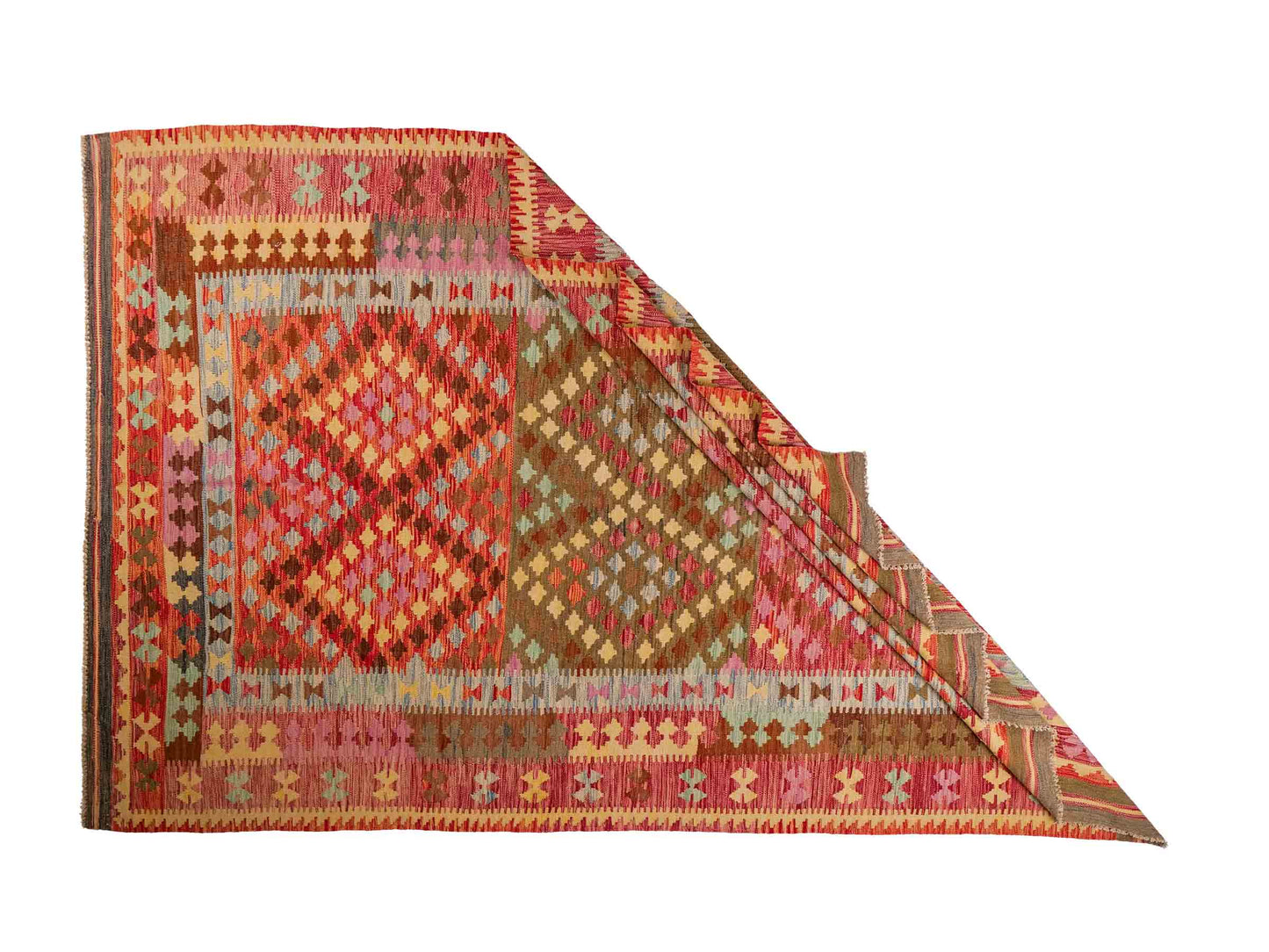 Handgefertigter Kelim Afghan Teppich aus Wolle von Khademi. Größe 296 x 190 cm. Farbe: Rosa, rot, grün. Verkauf durch JUPITER Intl.