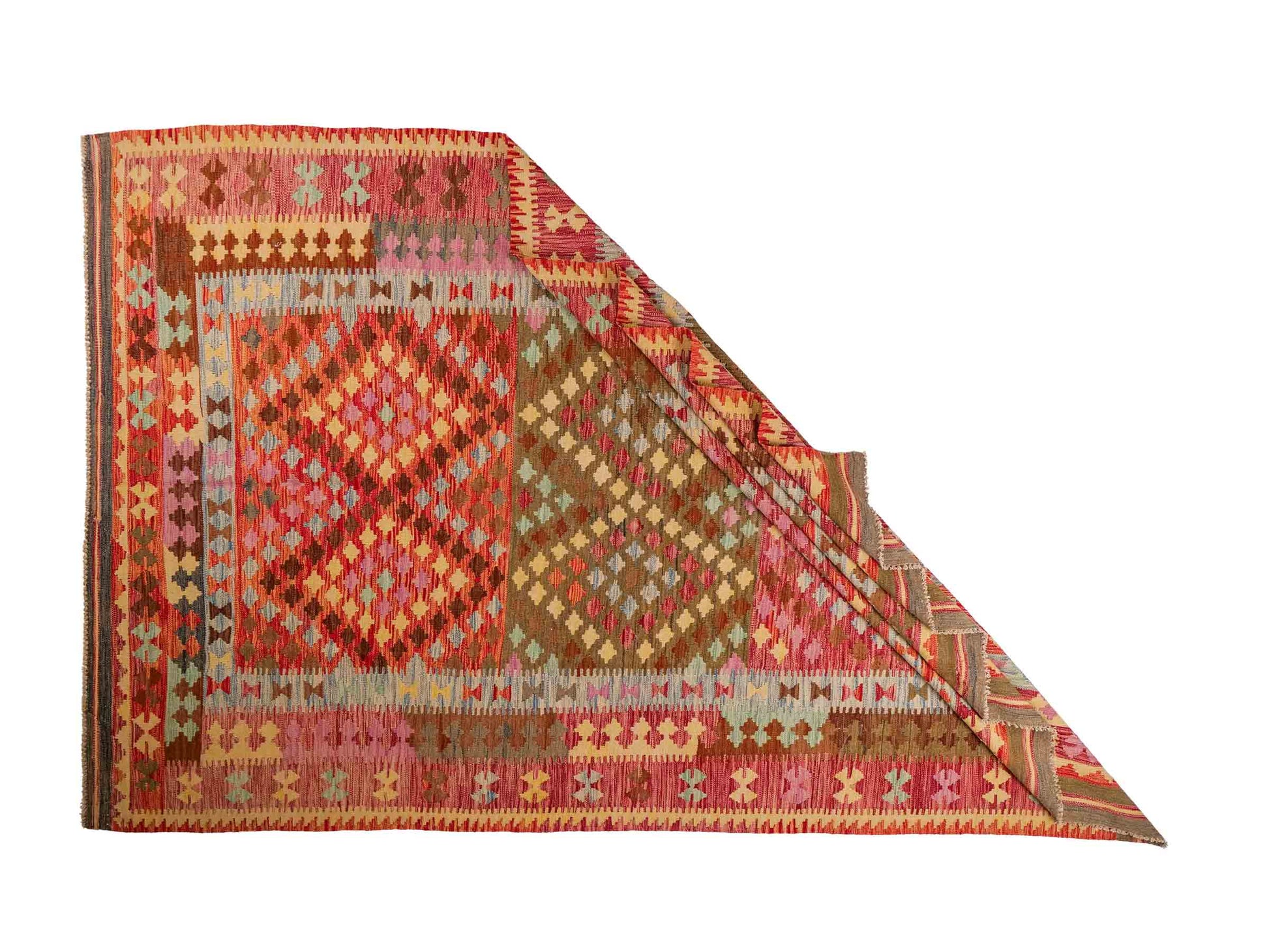 Handgefertigter Kelim Afghan Teppich aus Wolle von Khademi. Größe 296 x 190 cm. Farbe: Rosa, rot, grün. Verkauf durch JUPITER Intl.