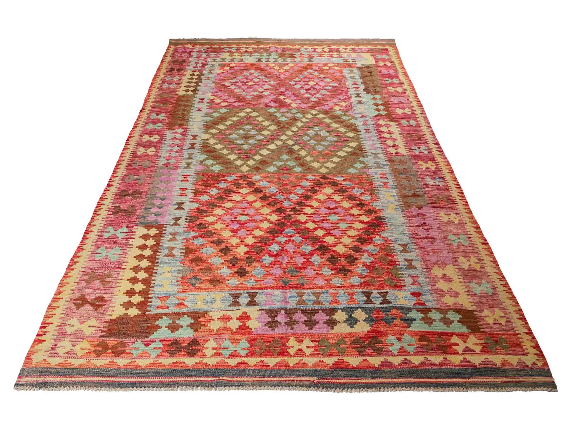 Handgefertigter Kelim Afghan Teppich aus Wolle von Khademi. Größe 296 x 190 cm. Farbe: Rosa, rot, grün. Verkauf durch JUPITER Intl.