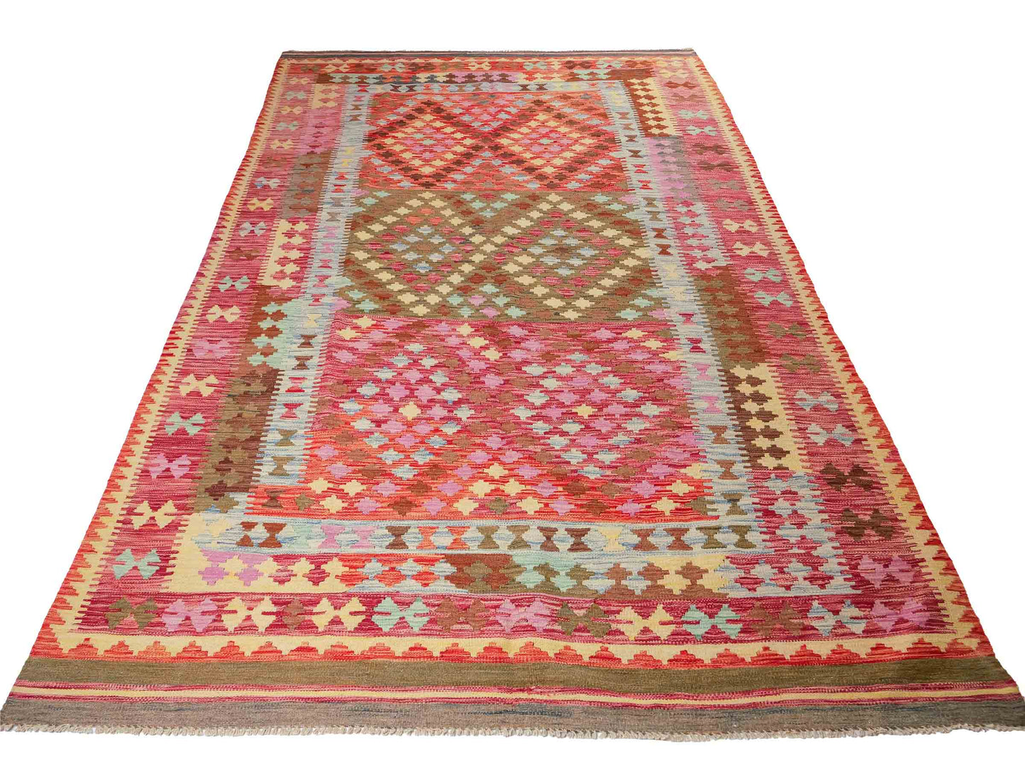 Handgefertigter Kelim Afghan Teppich aus Wolle von Khademi. Größe 296 x 190 cm. Farbe: Rosa, rot, grün. Verkauf durch JUPITER Intl.