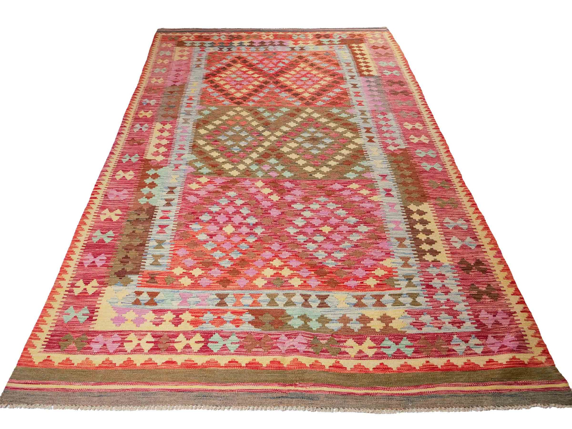 Handgefertigter Kelim Afghan Teppich aus Wolle von Khademi. Größe 296 x 190 cm. Farbe: Rosa, rot, grün. Verkauf durch JUPITER Intl.