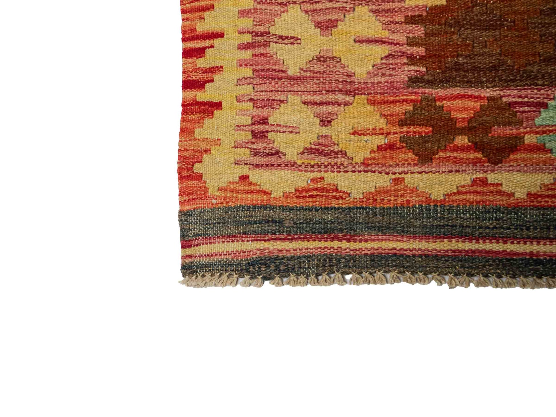 Handgefertigter Kelim Afghan Teppich aus Wolle von Khademi. Größe 296 x 190 cm. Farbe: Rosa, rot, grün. Verkauf durch JUPITER Intl.