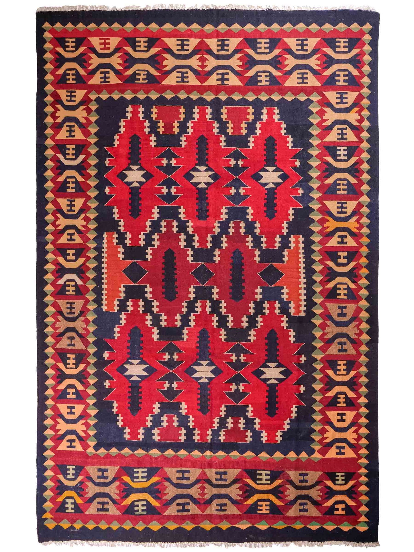 Handgefertigter Kelim Afghan Teppich aus Wolle von Khademi. Größe 298 x 191 cm. Farbe: Blau, rot. Verkauf durch JUPITER Intl.